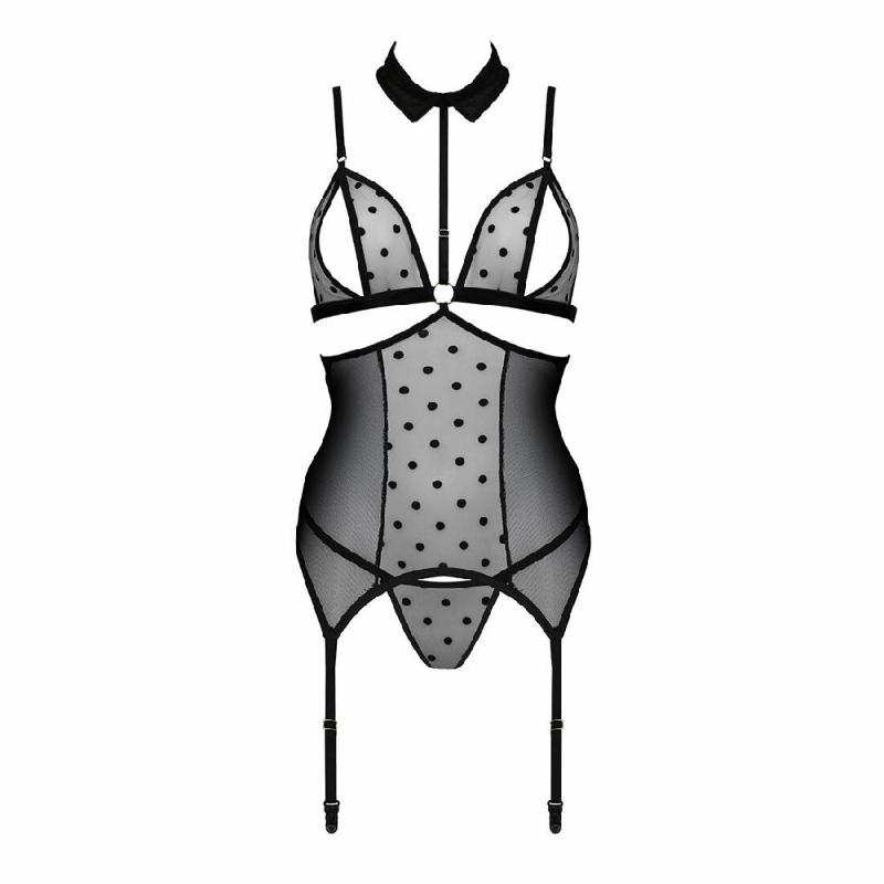 Корсет з відкритими грудьми Passion DOMINICA CORSET XXL/XXXL black, пажі для панчіх, стрінги
