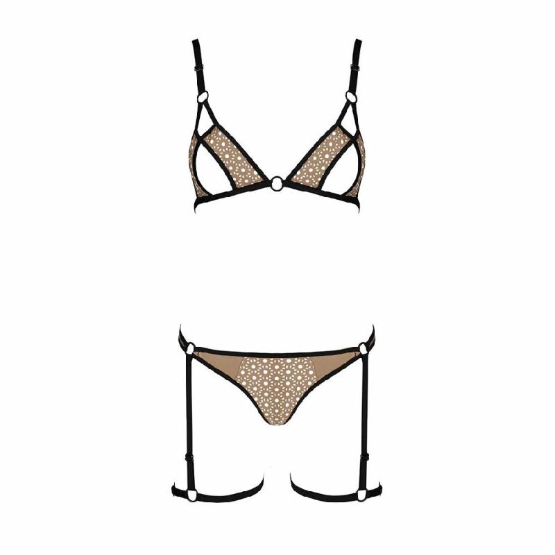 Еротичний комплект спідньої білизни Passion GABI SET L/XL beige, трусики з гартерами