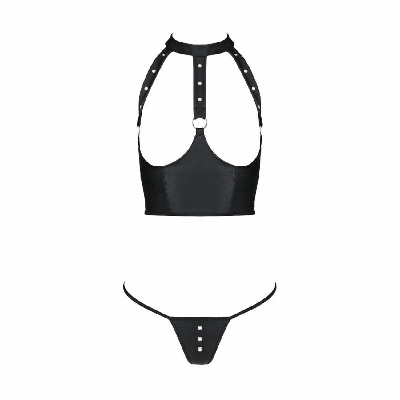 Комплект білизни з відкритими грудьми Passion GENEVIA SET WITH OPEN BRA XXL/XXXL black, корсет, стрі