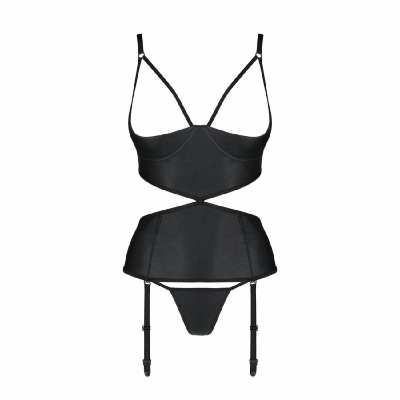 Корсет з відкритими грудьми Passion JANNIES CORSET XXL/XXXL black, стрінги в наборі