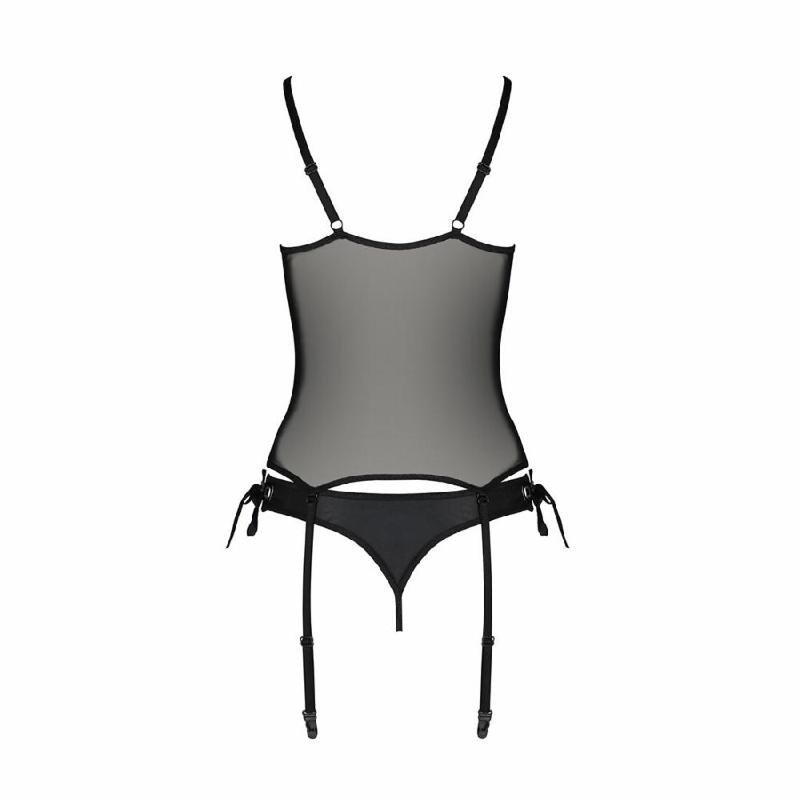 Корсет зі шнурівкою Passion NESSY CORSET S/M black, стрінги з відкритим доступом, пажі для панчіх