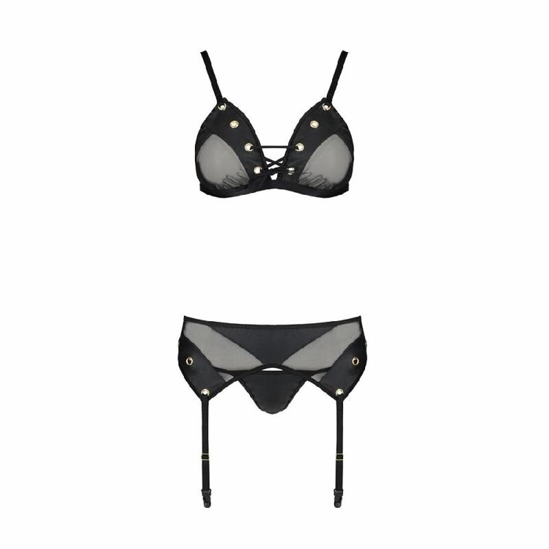 Комплект білизни Passion NESSY SET XXL/XXXL black, бюстгальтер, пояс для панчіх, стрінги