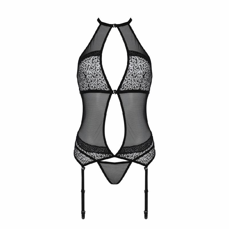 Корсет з пажами Passion SATARA CORSET L/XL black, стрінги, мереживо, застібки спереду та ззаду
