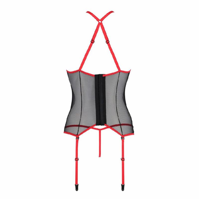Корсет з пажами Passion SATARA CORSET L/XL red, стрінги, мереживо, застібки спереду та ззаду