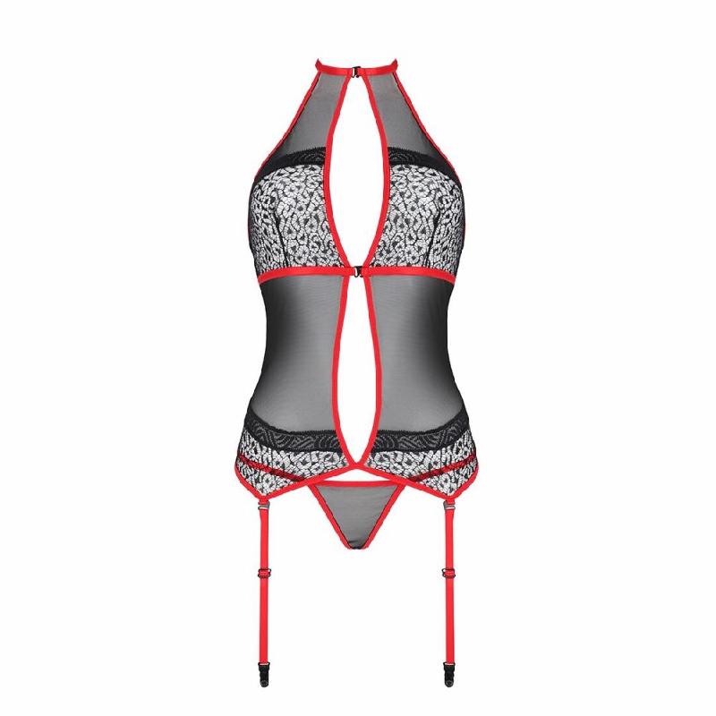Корсет з пажами Passion SATARA CORSET XXL/XXXL red, стрінги, мереживо, застібки спереду та ззаду