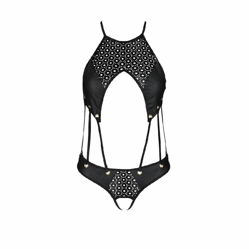 Боді з відкритим доступом Passion TASMINA BODY L/XL black, екошкіра, шнурівки, ажурні мережива
