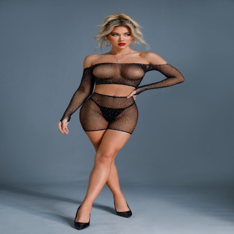 Бодістокінг Caprice Lingerie Model 07 One size Black, топ, велосипедки, сітка зі стразами - зображення 1