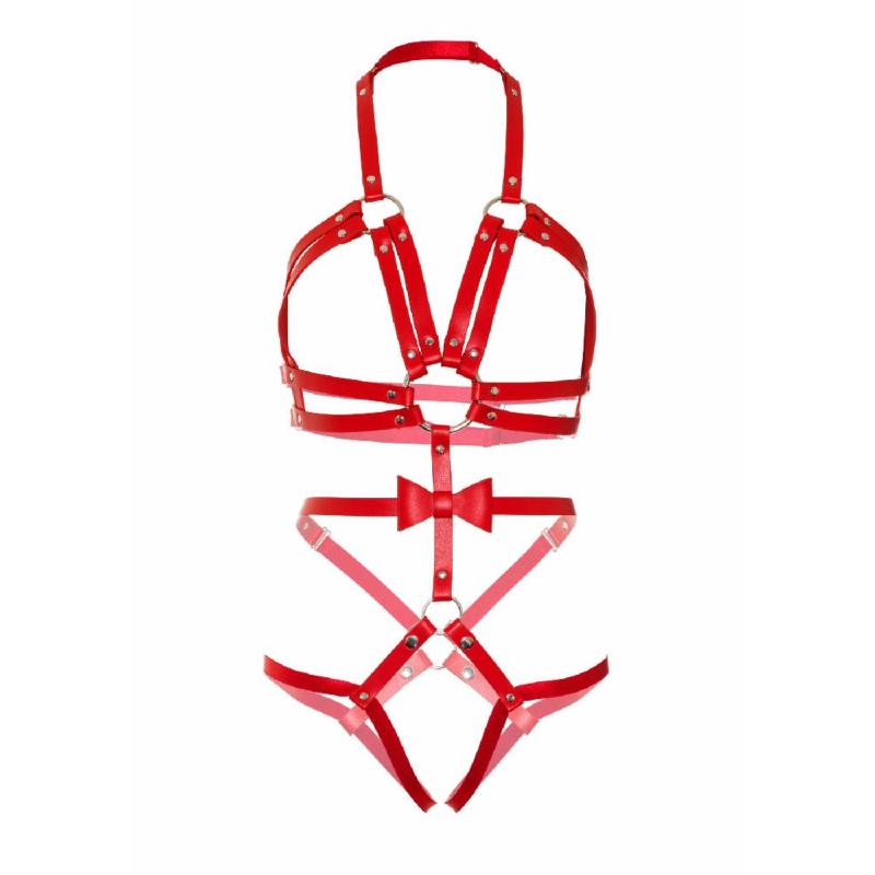 Портупея-тедді з ременів Leg Avenue Studded O-ring harness teddy M Red, екошкіра