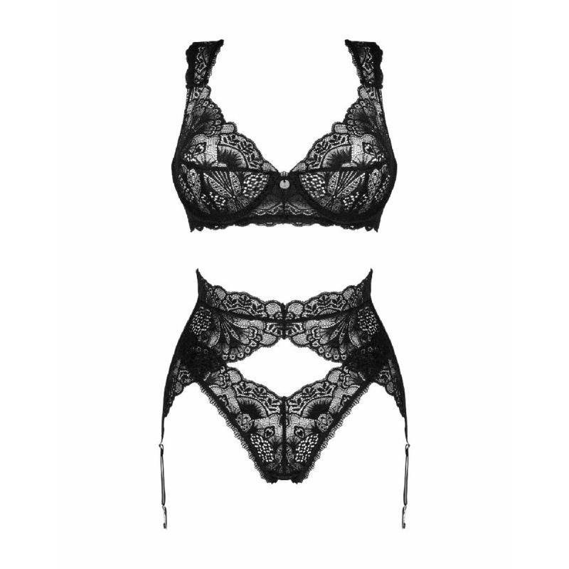 Комплект білизни Obsessive Donna Dream 3-pcs set XL/2XL Black, бюстгальтер, стрінги, пояс для панчіх