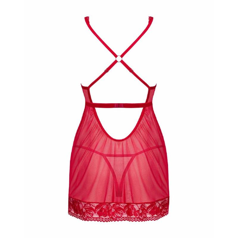 Прозора сорочка бебі-дол Obsessive Lacelove babydoll & thong XS/S Red, мереживо, стрінги