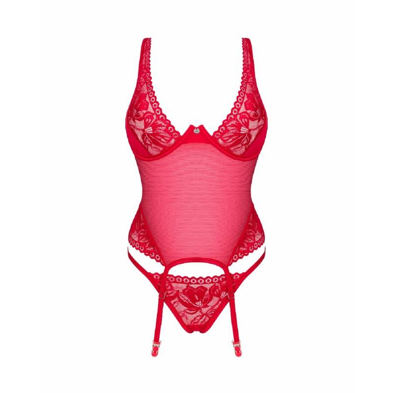Прозорий корсет Obsessive Lacelove corset XL/2XL Red, мереживо, підв’язки для панчіх