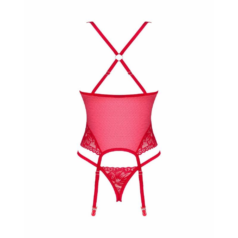 Прозорий корсет Obsessive Lacelove corset XL/2XL Red, мереживо, підв’язки для панчіх