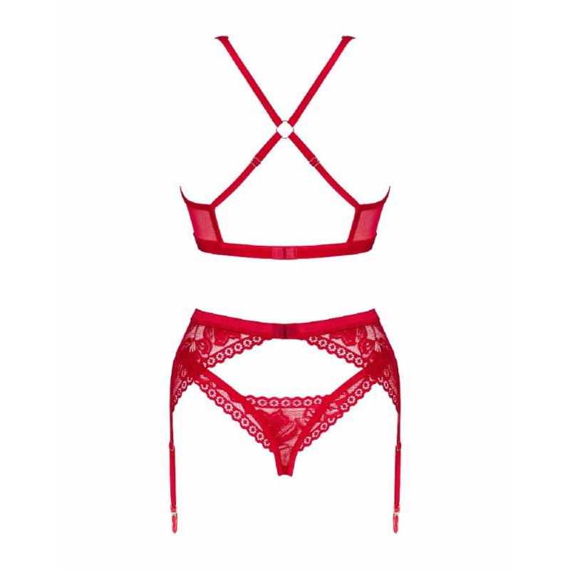 Комплект білизни Obsessive Lacelove cupless 3-pcs set M/L Red, бюстгальтер, стрінги, пояс для панчіх
