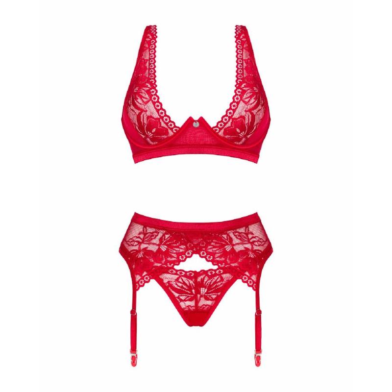 Комплект білизни Obsessive Lacelove cupless 3-pcs set XL/2XL Red, бюстгальтер, стрінги, пояс для панчіх