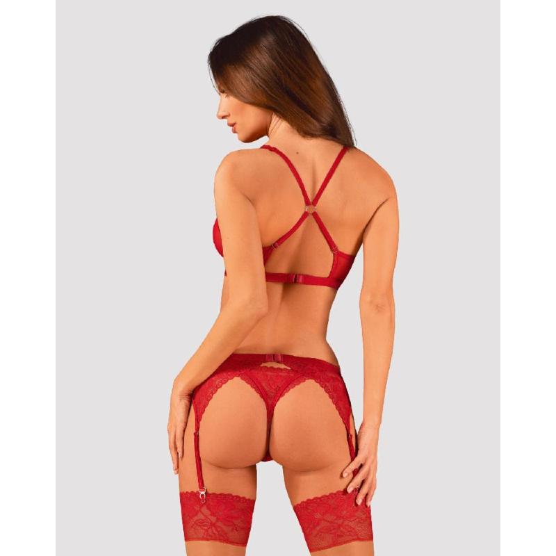 Комплект білизни Obsessive Lacelove cupless 3-pcs set XL/2XL Red, бюстгальтер, стрінги, пояс для панчіх