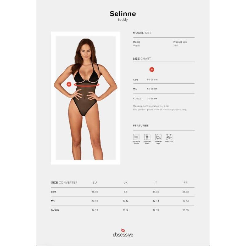 Прозоре боді Obsessive Selinne teddy XL/2XL Black, дрібна сітка, подвійні бретелі