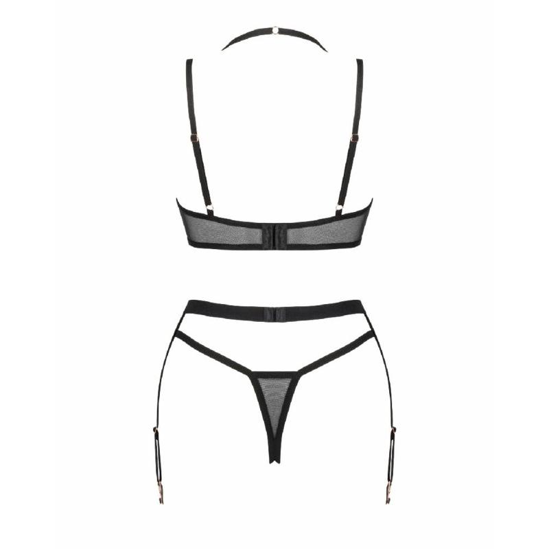 Комплект білизни Obsessive Selinne 3-pcs set XS/S Black, бюстгальтер, стрінги пояс для панчіх