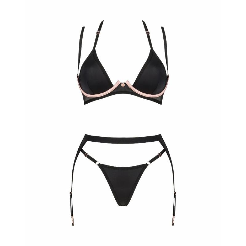 Комплект білизни Obsessive Selinne 3-pcs set M/L Black, бюстгальтер, стрінги пояс для панчіх