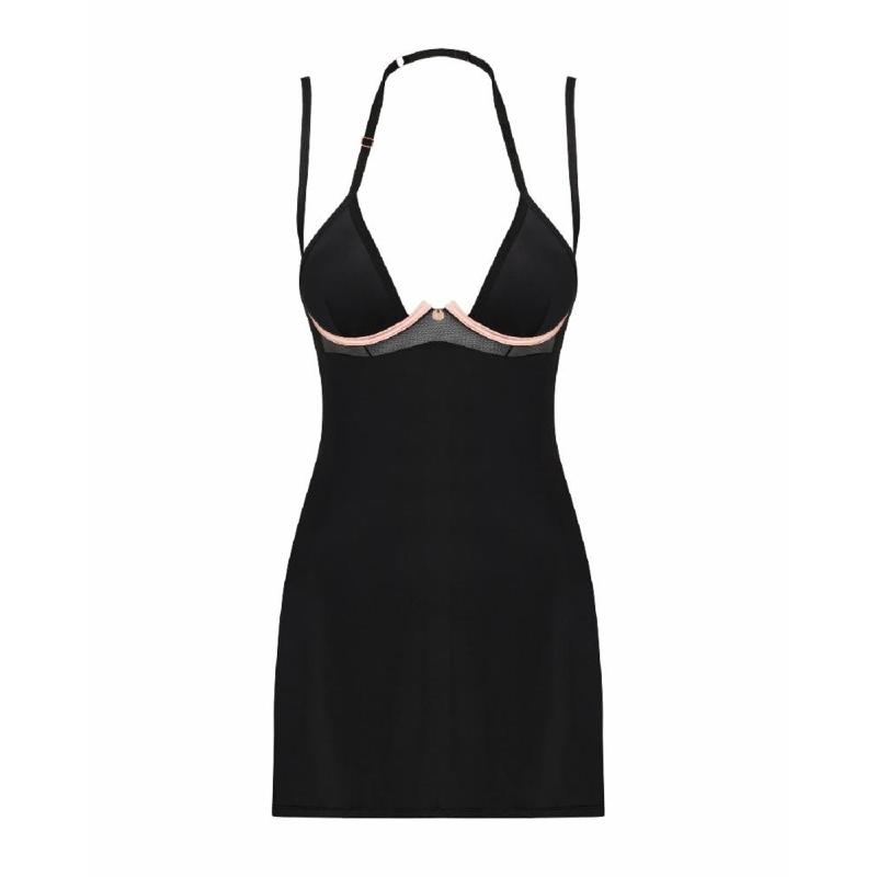 Сорочка Obsessive Selinne chemise & thong XS/S Black, стрінги, подвійні бретелі