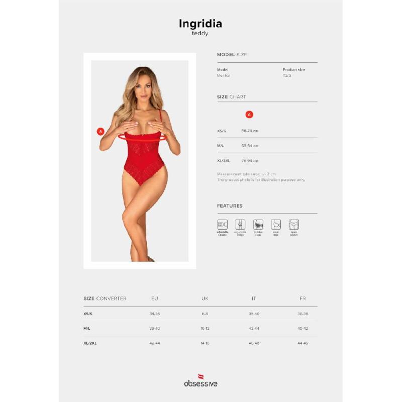 Боді з доступом Obsessive Ingridia crotchless teddy XS/S, червоне, відкриті груди