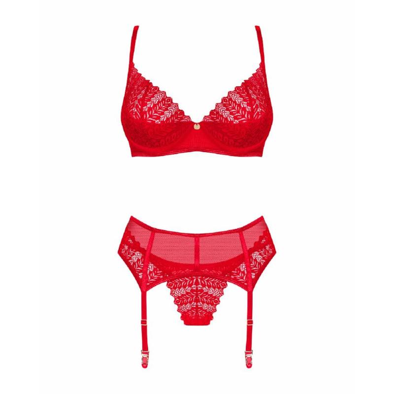 Комплект Obsessive Ingridia 3-pcs set XS/S, червоний, бюстгальтер, стрінги, пояс