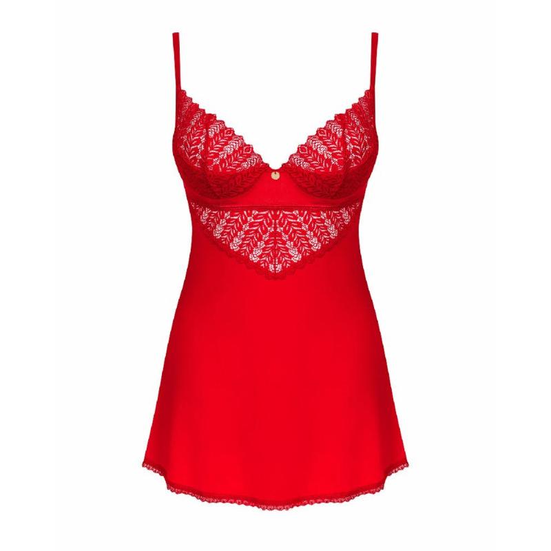 Пеньюар Obsessive Ingridia chemise & thong XS/S, червоний, сорочка, стрінги