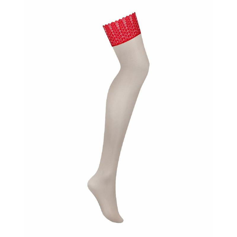 Панчохи Obsessive Ingridia stockings XL/2XL, бежеві з червоною резинкою
