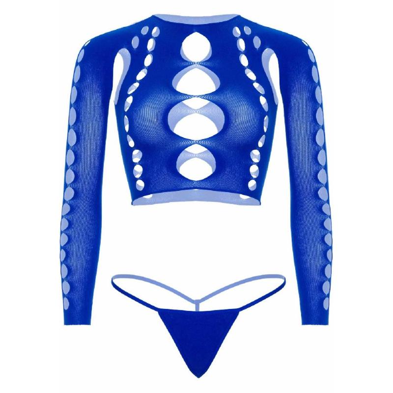 Комплект безшовної білизни Leg Avenue Long sleeve crop top & string Royal Blue One Size, топ, стрінги