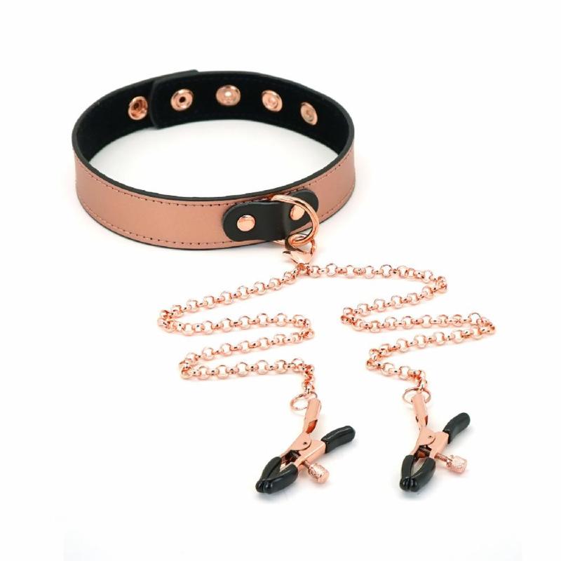 Нашийник із затискачами для сосків Liebe Seele Rose Gold Memory Collar with Nipple Clamps, шкіра