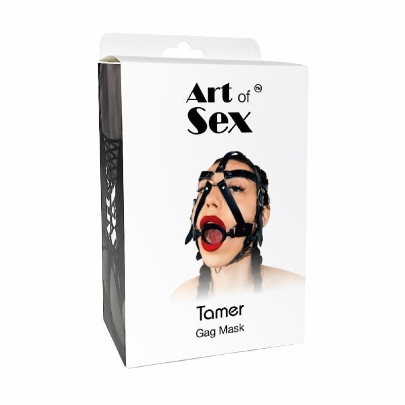 Кляп-маска з силіконовим кільцем Art of Sex - Tamer, Натуральна шкіра, колір Чорний