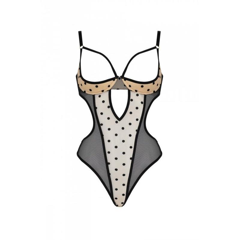 Еротичне боді Passion MARINA BODY, L/XL, beige, з відкритими чашками