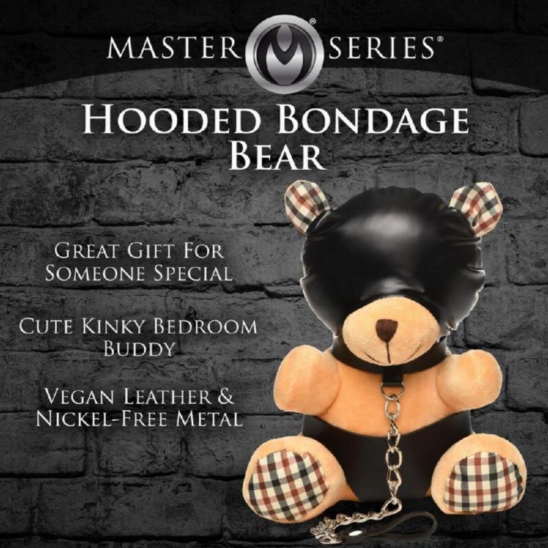 Плюшевий ведмедик HOODED Teddy Bear БДСМ у шкіряному капюшоні з повідцем, 23x16x12 см