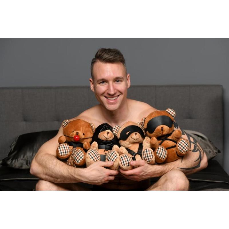 Плюшевий ведмедик HOODED Teddy Bear БДСМ у шкіряному капюшоні з повідцем, 23x16x12 см