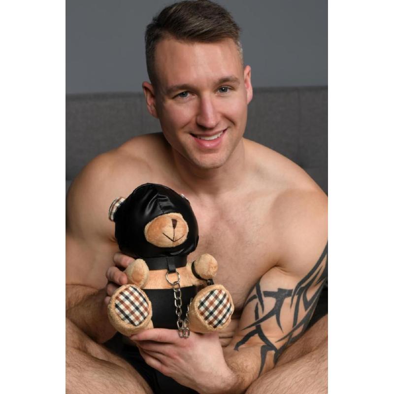 Плюшевий ведмедик HOODED Teddy Bear БДСМ у шкіряному капюшоні з повідцем, 23x16x12 см