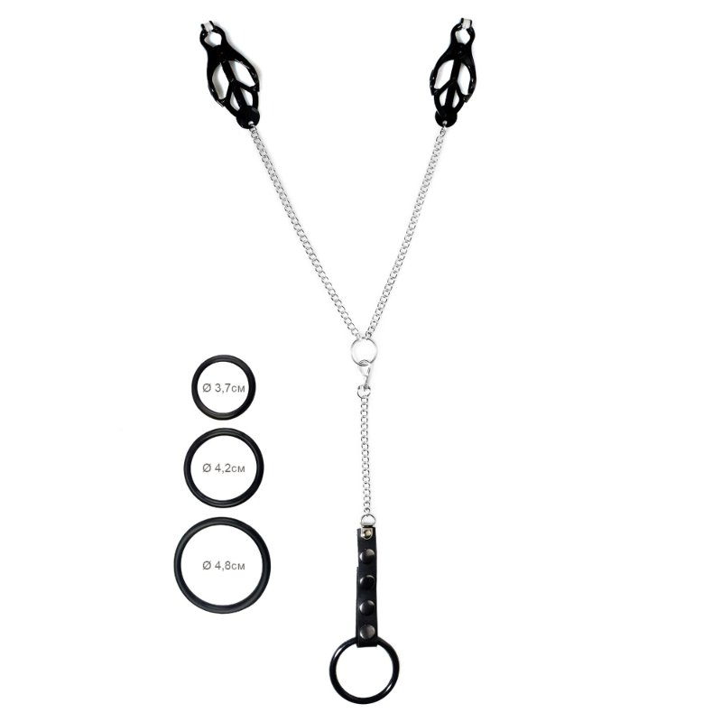 Затискач для сосків Art of Sex - Nipple Clamps for Men Black clover з ерекційними кільцями - зображення 1
