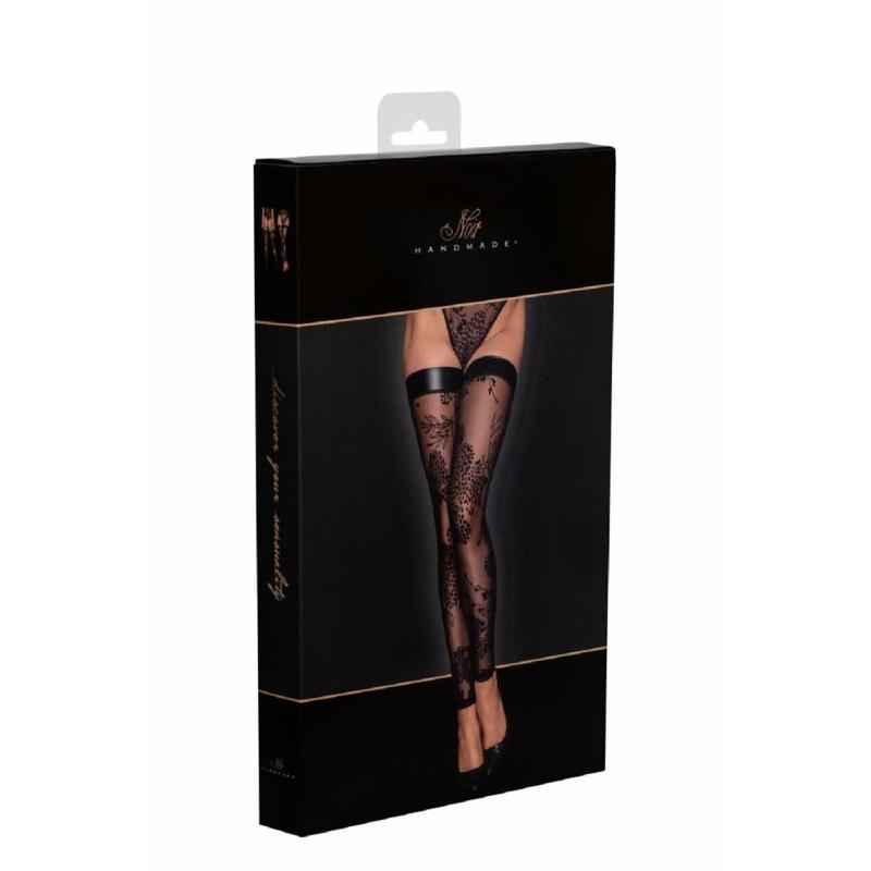 Панчохи без миска Noir Handmade F243 Tulle stockings with patterned flock embroidery, L
