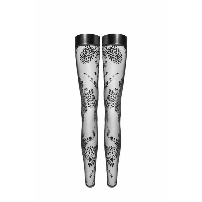 Панчохи без миска Noir Handmade F243 Tulle stockings with patterned flock embroidery, 3XL