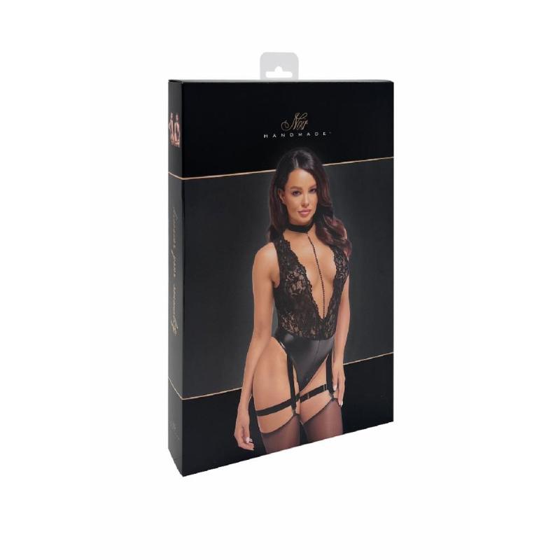 Боді Noir Handmade F297 Libido, S, чорне, мереживо, низ під латекс, відкритий доступ, гартери