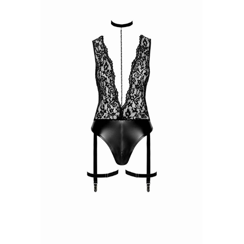 Боді Noir Handmade F297 Libido, M, чорне, мереживо, низ під латекс, відкритий доступ, гартери