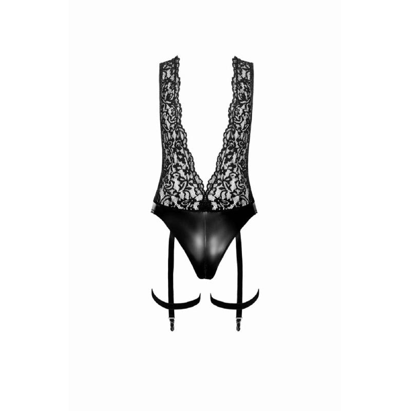 Боді Noir Handmade F297 Libido, M, чорне, мереживо, низ під латекс, відкритий доступ, гартери