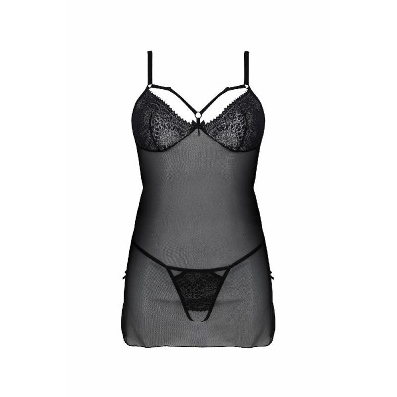 Пеньюар Passion DROSERA CHEMISE black, XXL/XXXL, мереживний ліф зі стрепами, трусики в комплекті