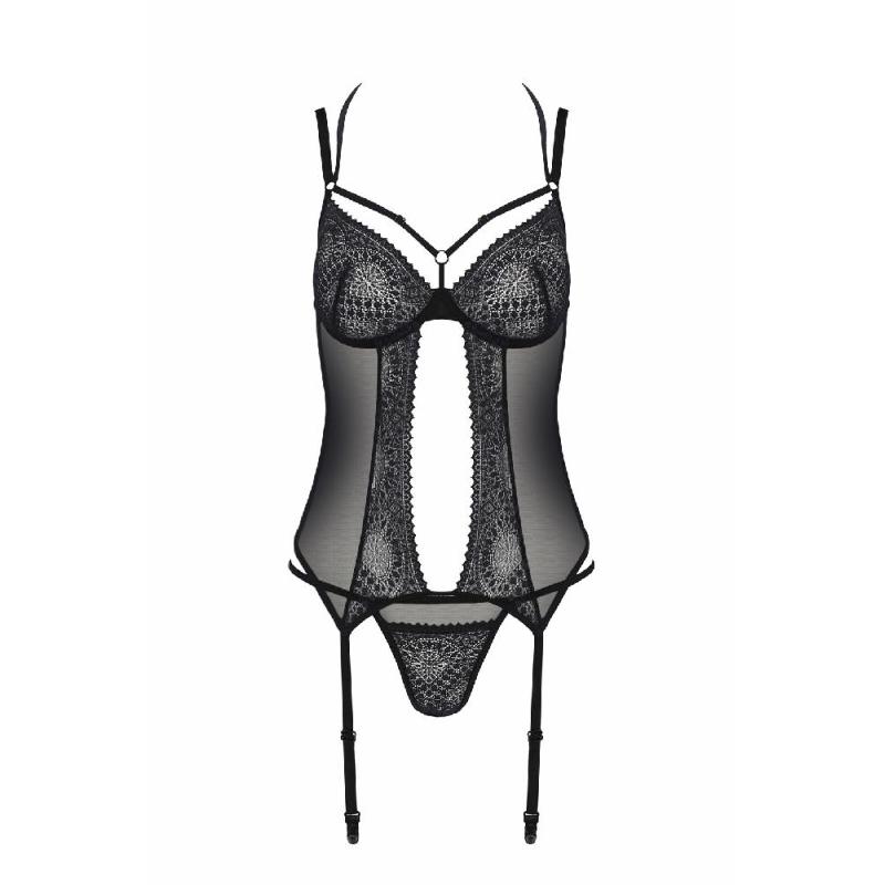 Корсет Passion DROSERA CORSET black, XXL/XXXL, з кріпленнями для панчіх, трусики в комплекті