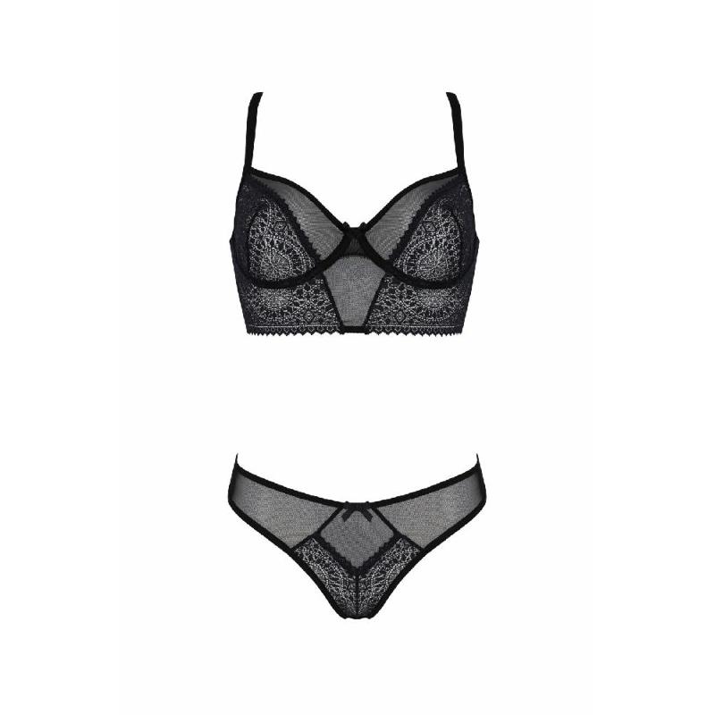 Комплект Passion DROSERA SET black S/M, сітка+мереживо, бюстьє та трусики танга