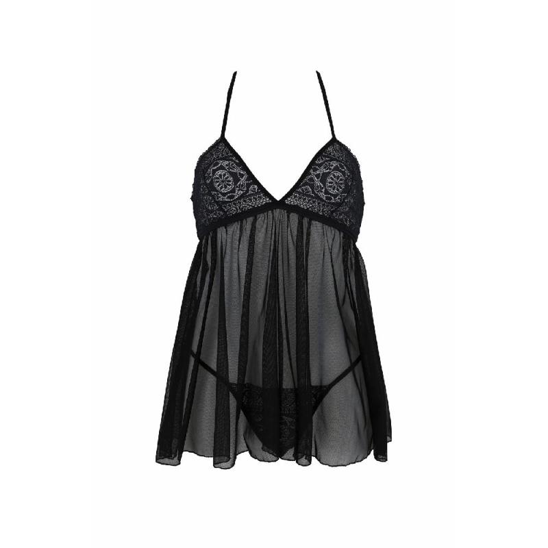 Пеньюар Passion KERRIA CHEMISE black, XXL/XXXL, мереживний верх, трусики в комплекті