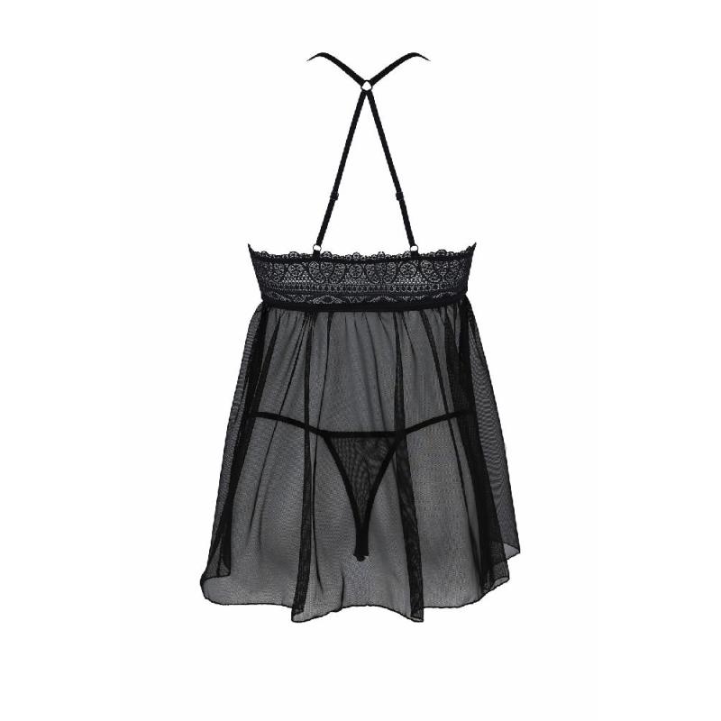 Пеньюар Passion KERRIA CHEMISE black, XXL/XXXL, мереживний верх, трусики в комплекті