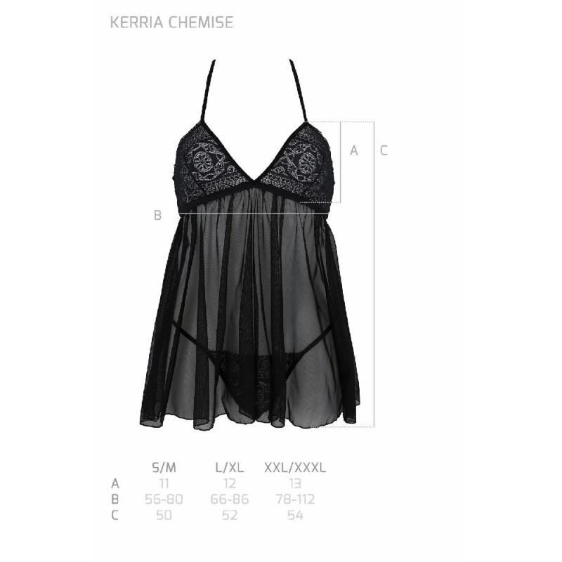 Пеньюар Passion KERRIA CHEMISE black, XXL/XXXL, мереживний верх, трусики в комплекті