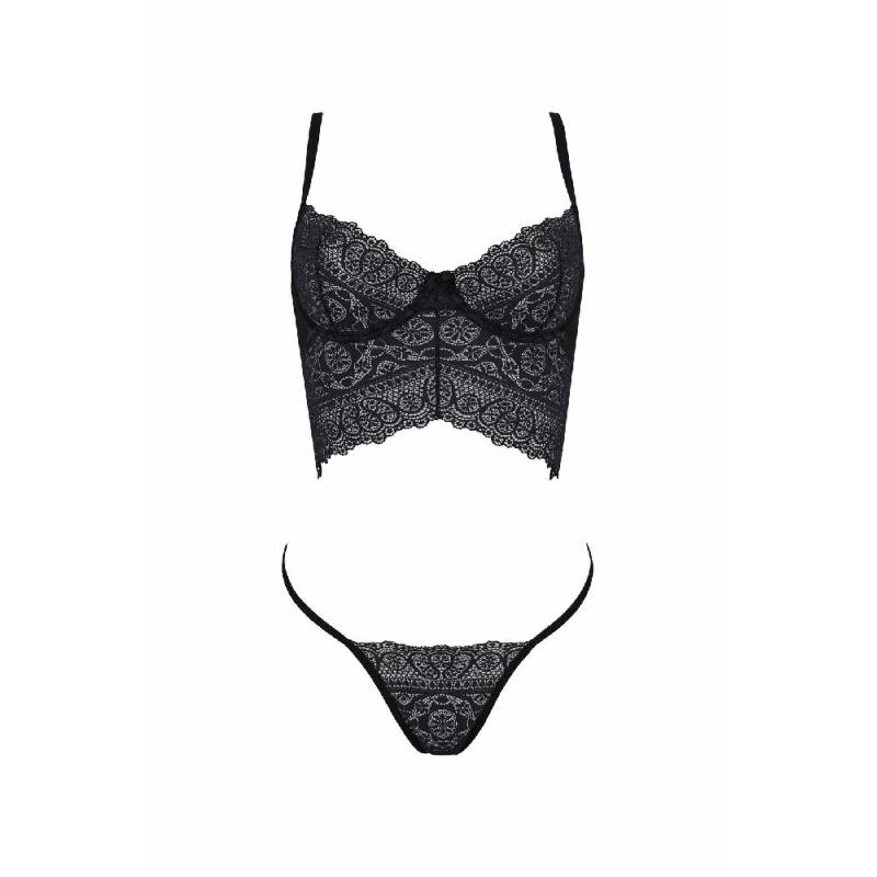 Комплект Passion KERRIA SET black, XXL/XXXL сітка+мереживо, бюстьє та стрінги