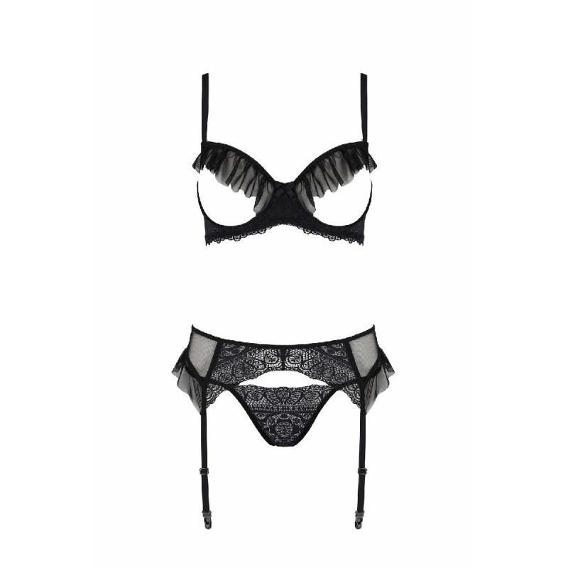 Комплект Passion KERRIA SET WITH OPEN BRA black, L/XL, бюстгальтер з відкритою чашкою, стрінги, пояс для панчіх