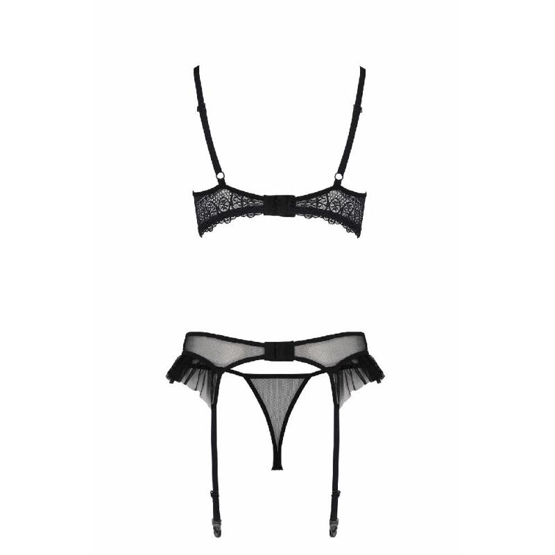Комплект Passion KERRIA SET WITH OPEN BRA black, XXL/XXXL, бюстгальтер з відкритою чашкою, стрінги, пояс для панчіх