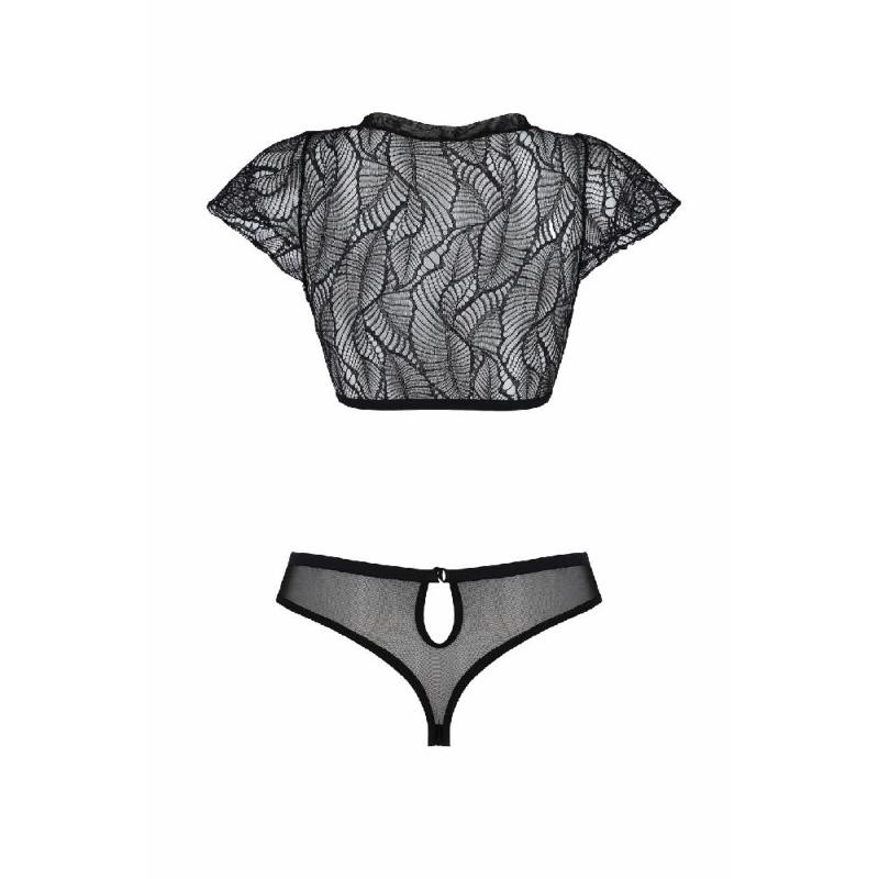 Комплект Passion LEAFA BIKINI black, XXL/XXXL, бюстгальтер-топ з рукавчиками, стрінги-шортики з вирізом